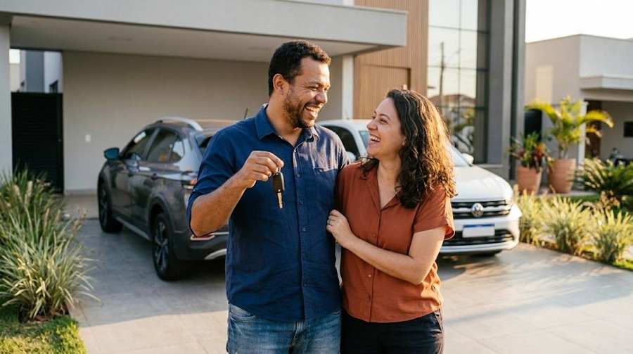 Casal comemorando na garagem de casa com a chave do carro novo na mão